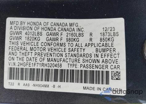 2024 Honda Civic Ex z USA, uszkodzony, nr VIN 2HGFE1F71RH320458